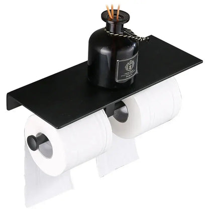 Modern black aluminum double toilet paper holder with shelf bathroom