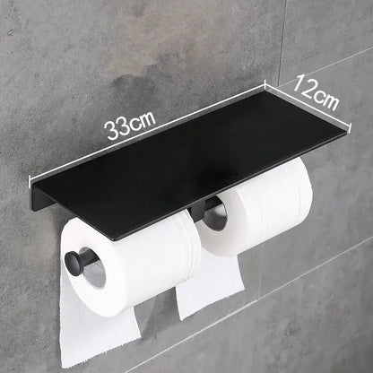 Modern black aluminum double toilet paper holder with shelf bathroom