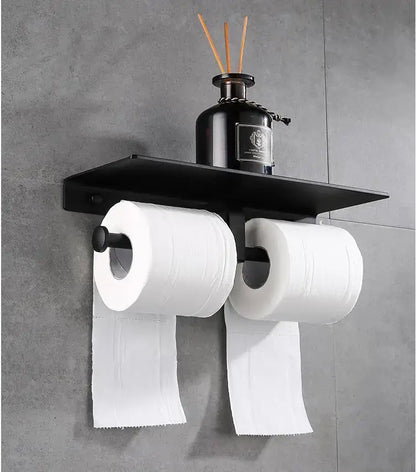 Modern black aluminum double toilet paper holder with shelf bathroom