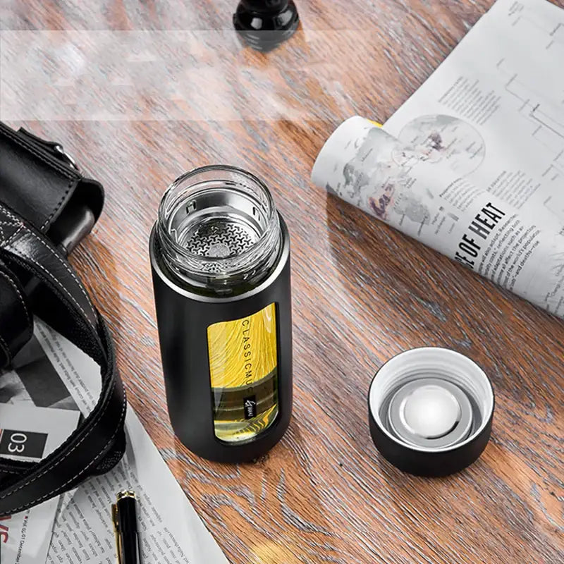 Modern black and amber insulated glass water bottle kitchen travel mug