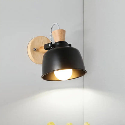 Modern black and brass metal wall light bedroom sconce with wood top