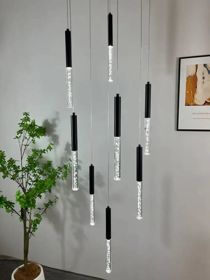 Modern black and clear glass cylindrical chandelier staircase light