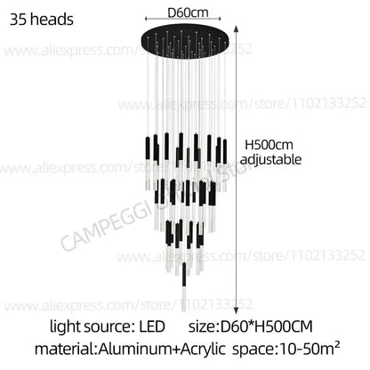 Modern black and clear glass cylindrical chandelier staircase light