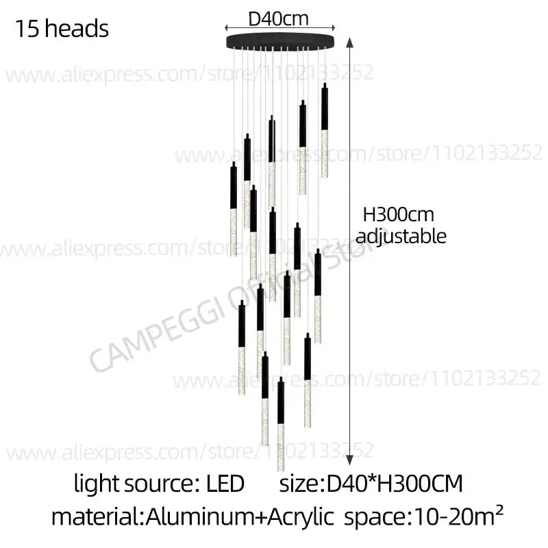 Modern black and clear glass cylindrical chandelier staircase light