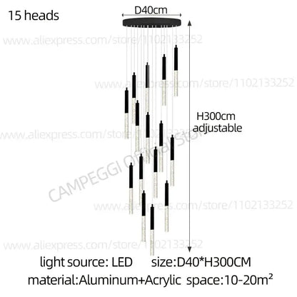 Modern black and clear glass cylindrical chandelier staircase light