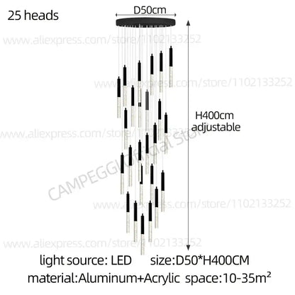 Modern black and clear glass cylindrical chandelier staircase light
