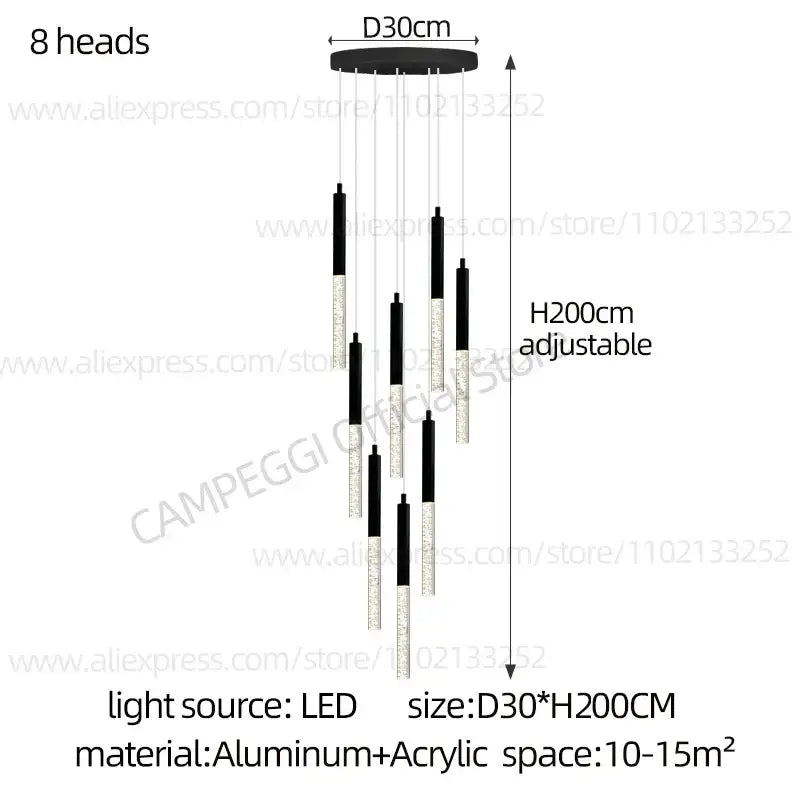 Modern black and clear glass cylindrical chandelier staircase light