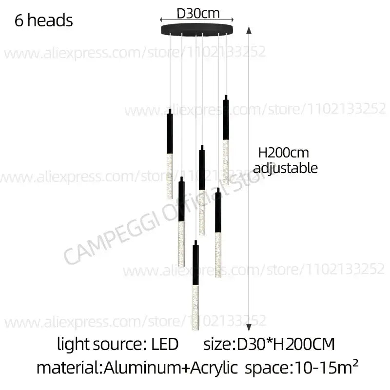 Modern black and clear glass cylindrical chandelier staircase light