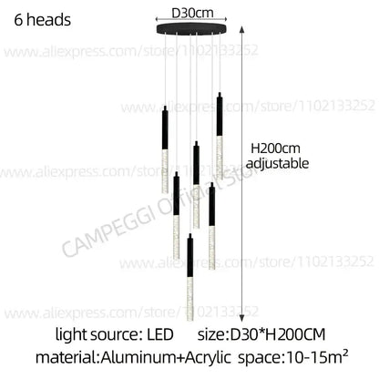 Modern black and clear glass cylindrical chandelier staircase light