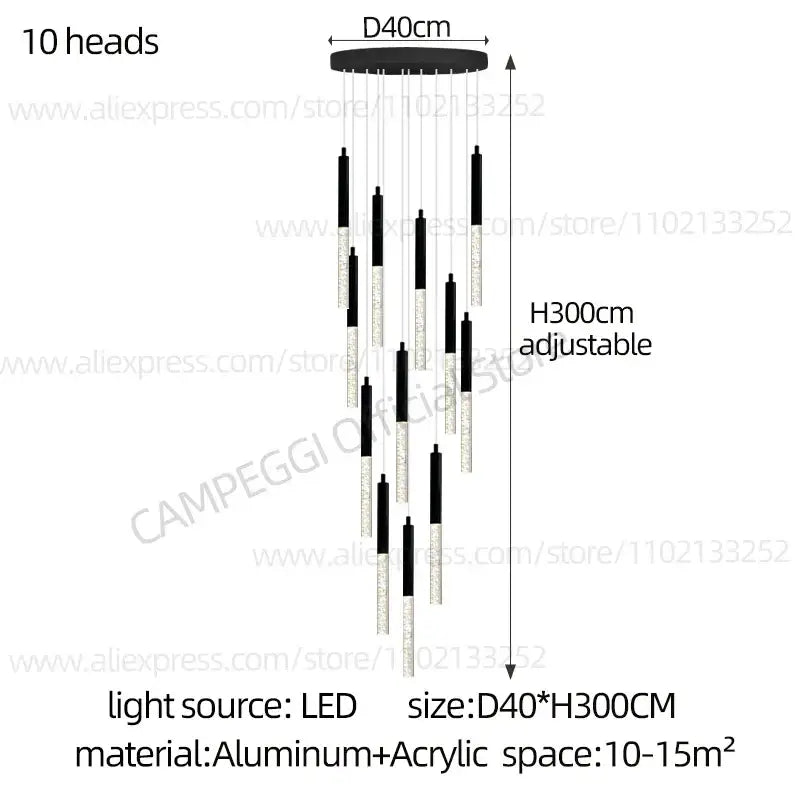 Modern black and clear glass cylindrical chandelier staircase light