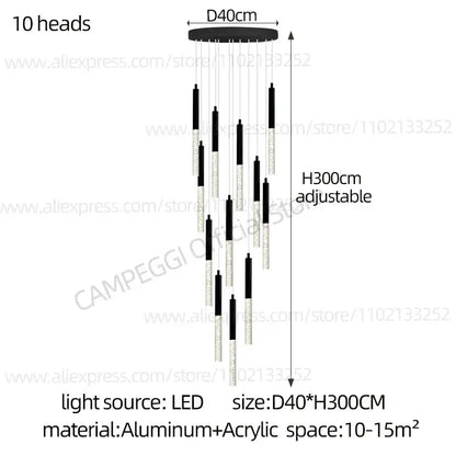 Modern black and clear glass cylindrical chandelier staircase light