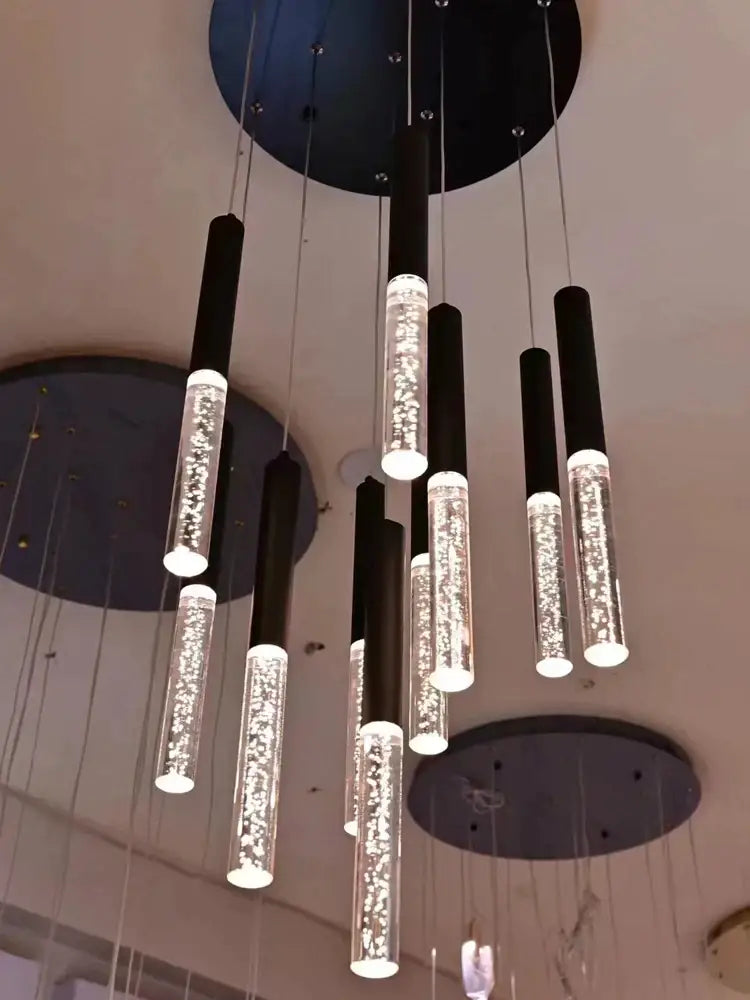 Modern black and clear glass cylindrical chandelier staircase light