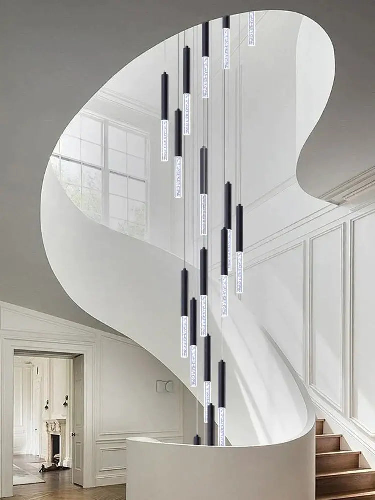 Modern black and clear glass cylindrical chandelier staircase light