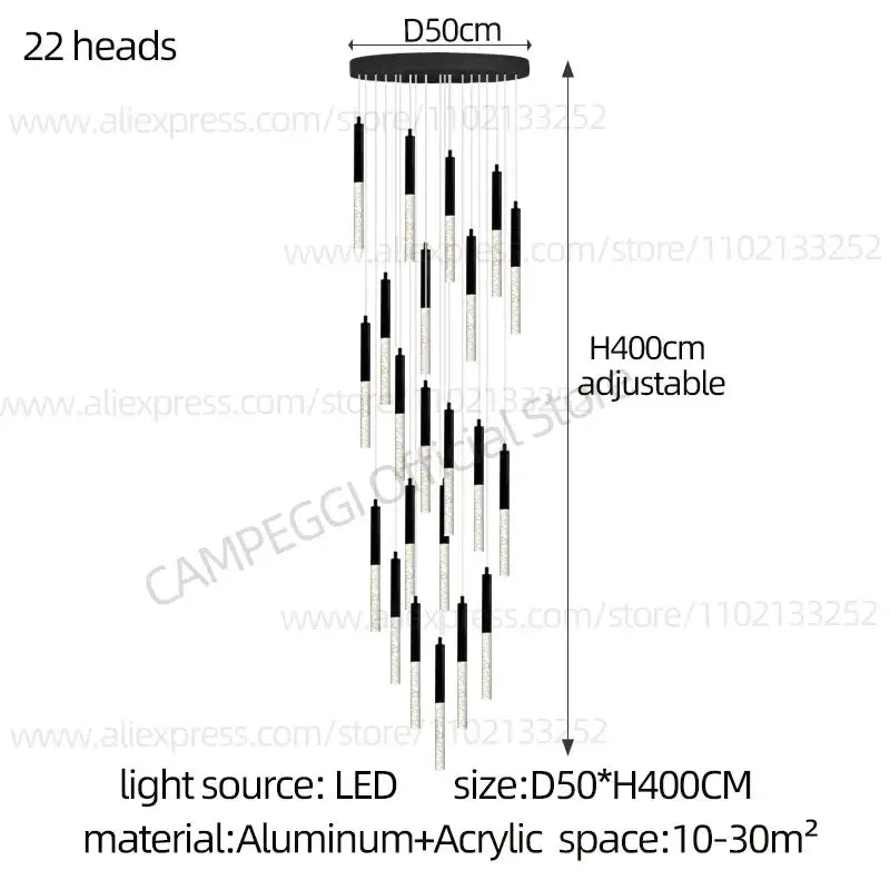 Modern black and clear glass cylindrical chandelier staircase light
