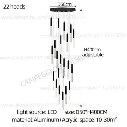 Modern black and clear glass cylindrical chandelier staircase light