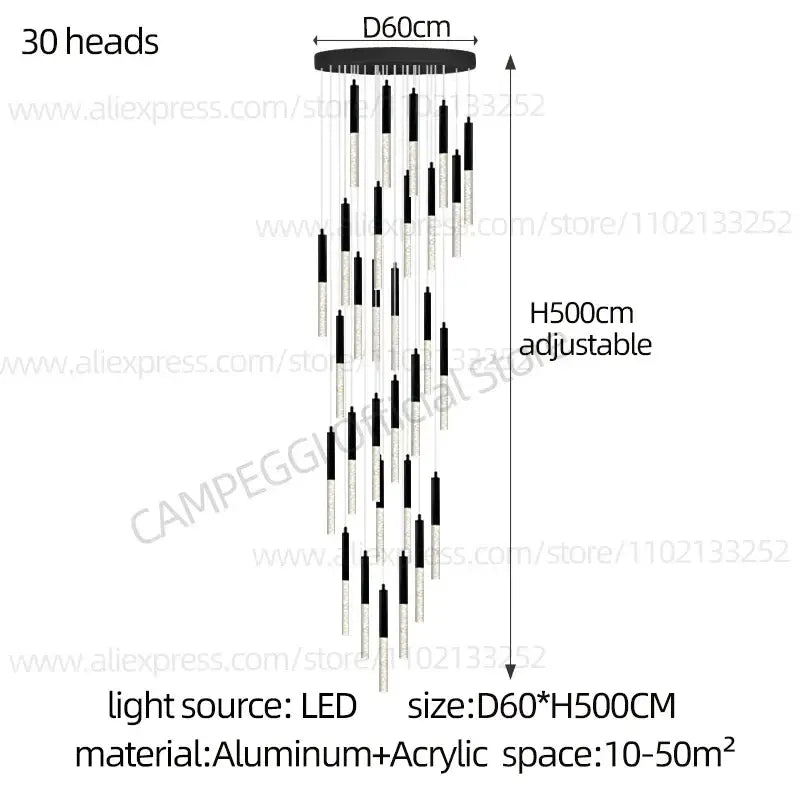 Modern black and clear glass cylindrical chandelier staircase light