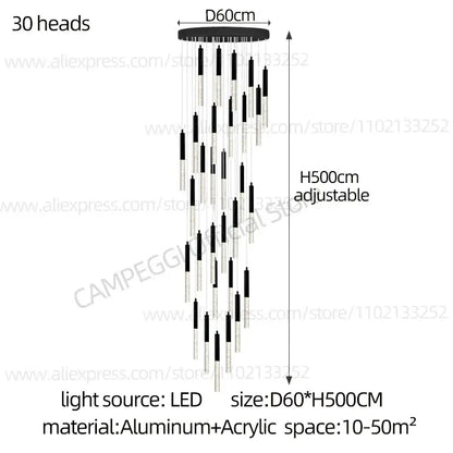 Modern black and clear glass cylindrical chandelier staircase light