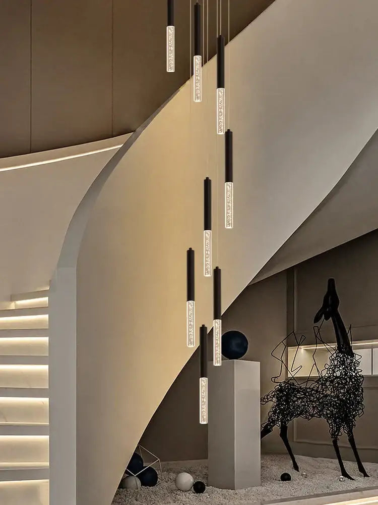 Modern black and clear glass cylindrical chandelier staircase light