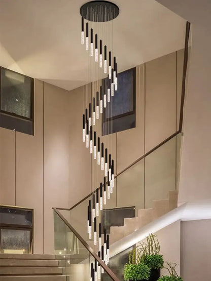 Modern black and clear glass cylindrical chandelier staircase light