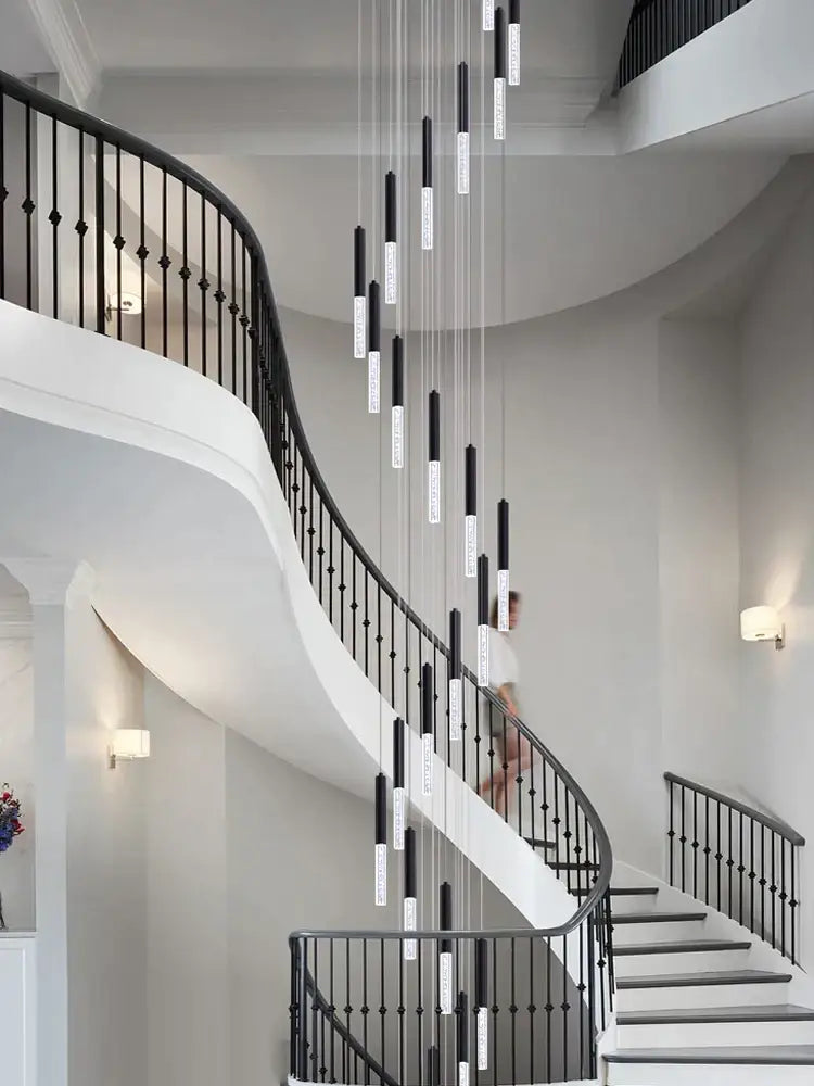 Modern black and clear glass cylindrical chandelier staircase light