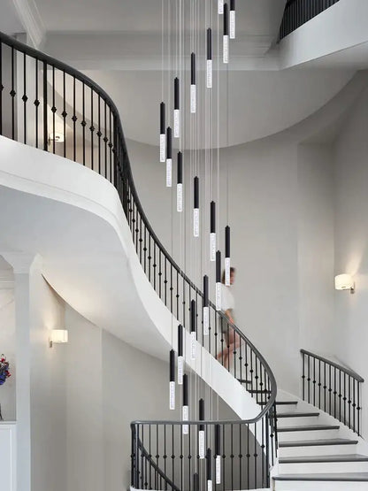Modern black and clear glass cylindrical chandelier staircase light