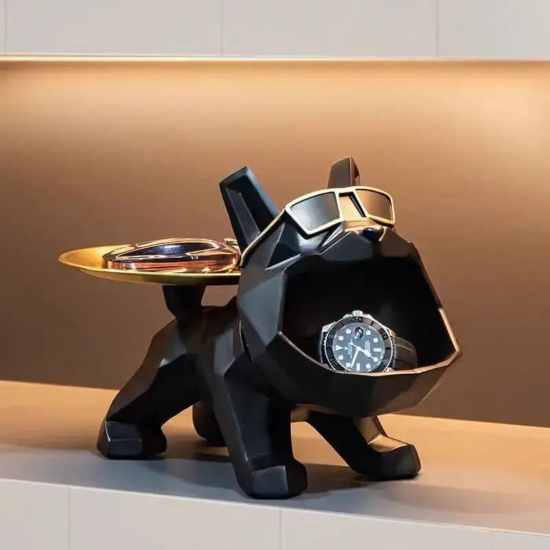 Modern black and gold bulldog butler tray living room storage statue