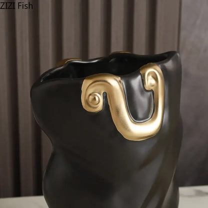 Modern black and gold ceramic bag vase living room decor