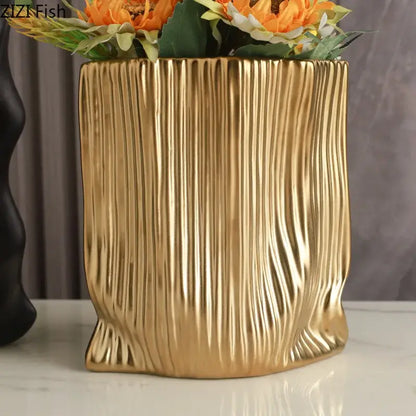 Modern black and gold ceramic bag vase living room decor