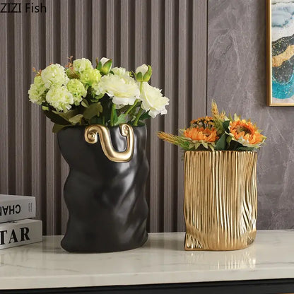 Modern black and gold ceramic bag vase living room decor