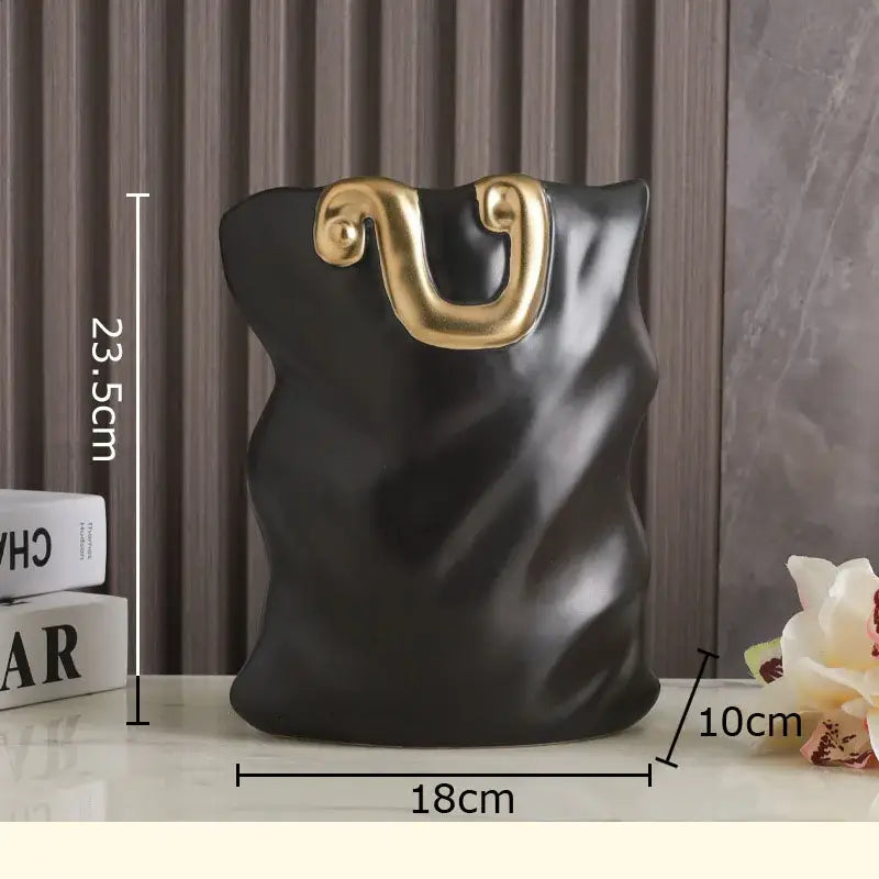 Modern black and gold ceramic bag vase living room decor