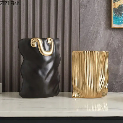 Modern black and gold ceramic bag vase living room decor
