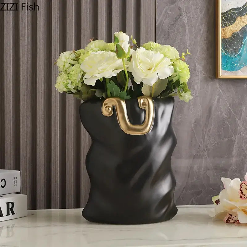 Modern black and gold ceramic bag vase living room decor