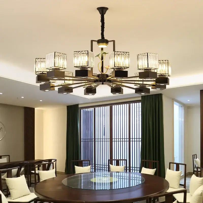 Modern black and gold crystal dining room chandelier with vine design