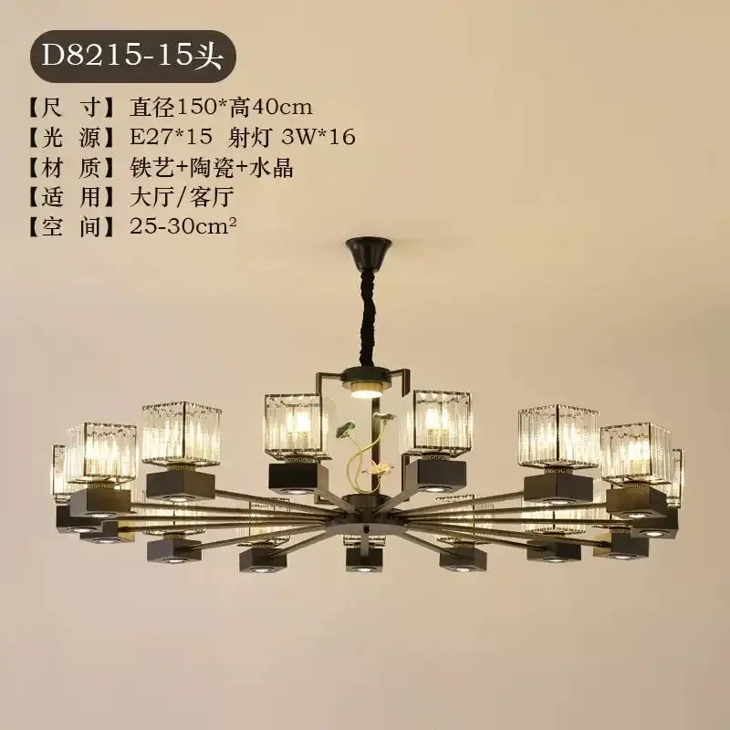 Modern black and gold crystal dining room chandelier with vine design