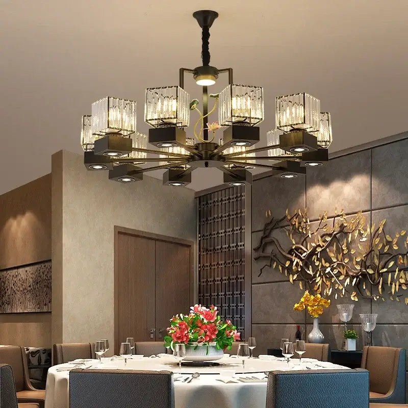 Modern black and gold crystal dining room chandelier with vine design