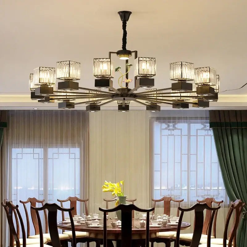 Modern black and gold crystal dining room chandelier with vine design