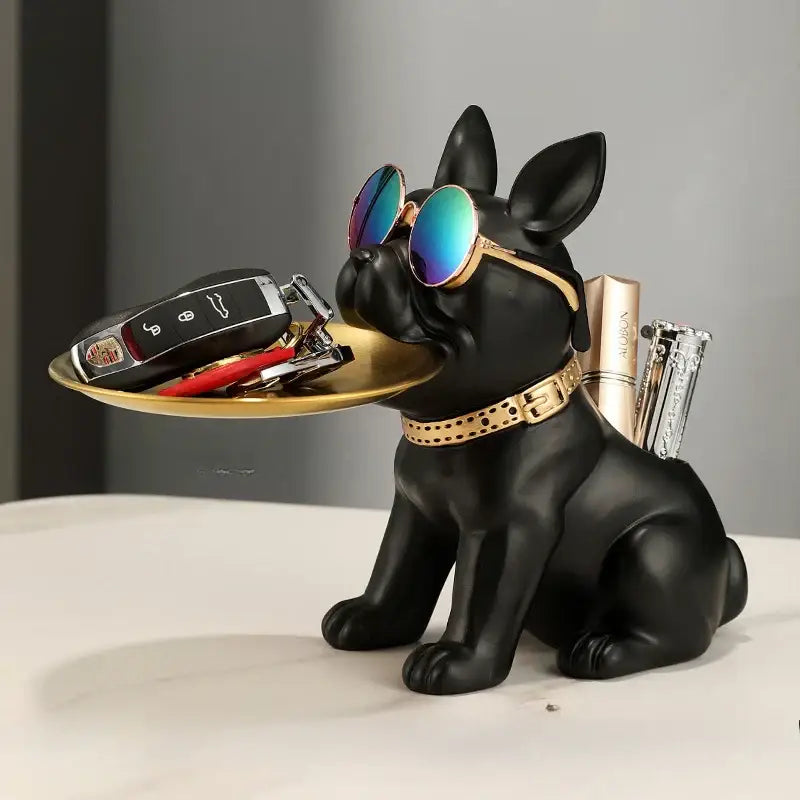 Modern black and gold bulldog statue living room key tray