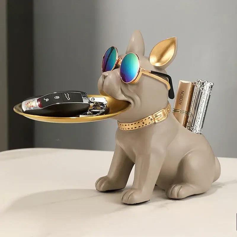 Modern black and gold bulldog statue living room key tray