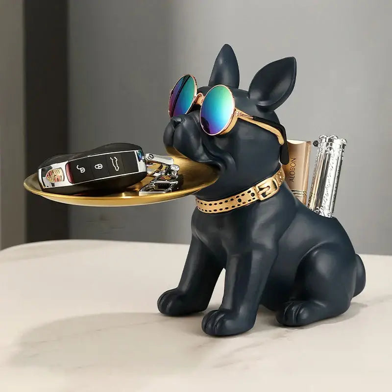 Modern black and gold bulldog statue living room key tray