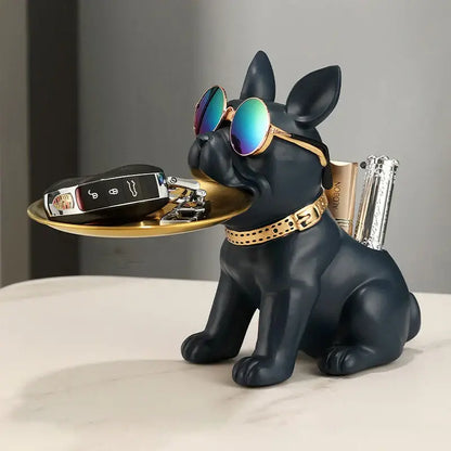 Modern black and gold bulldog statue living room key tray