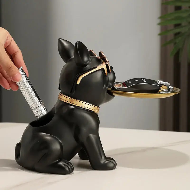 Modern black and gold bulldog statue living room key tray