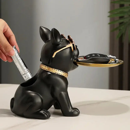 Modern black and gold bulldog statue living room key tray
