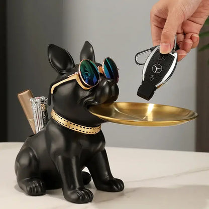 Modern black and gold bulldog statue living room key tray