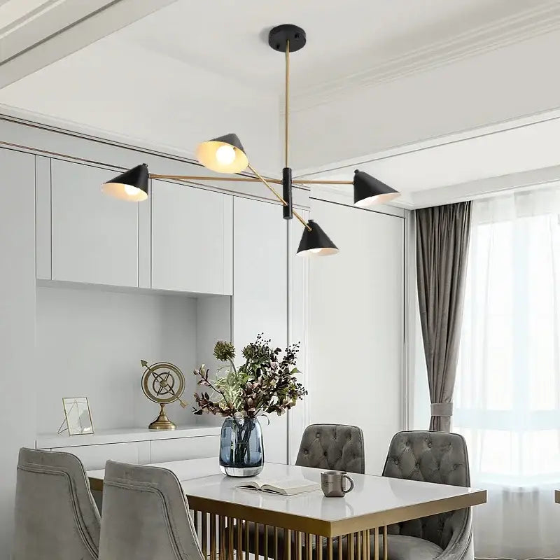 Modern black and gold cone shade chandelier dining room