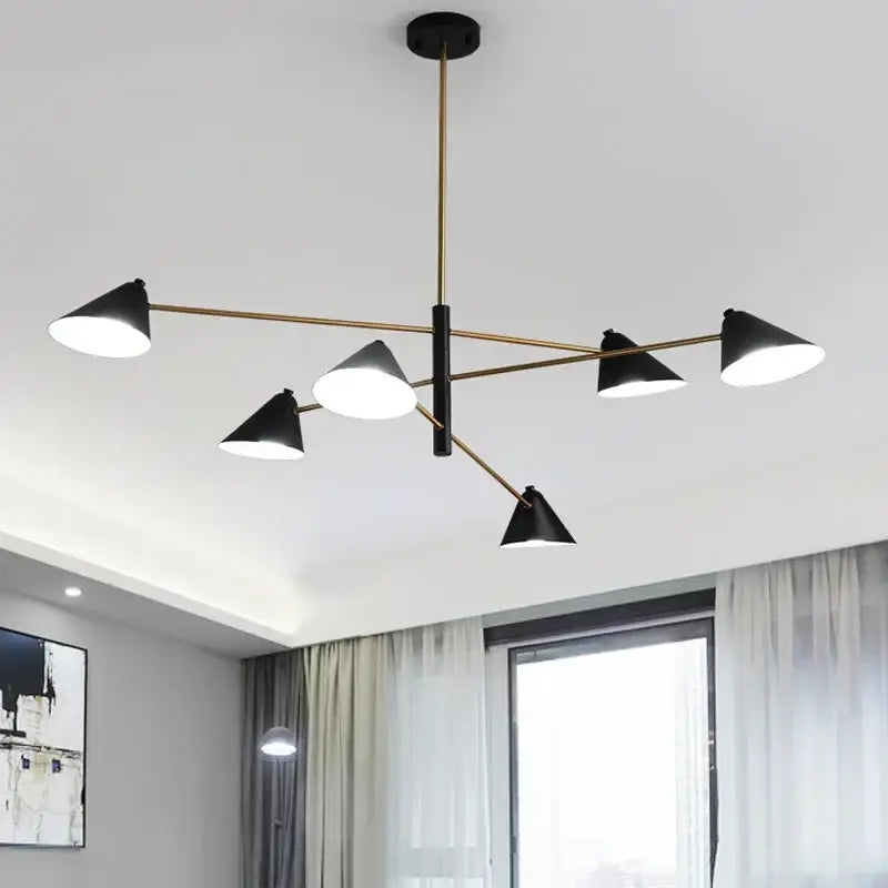 Modern black and gold cone shade chandelier dining room