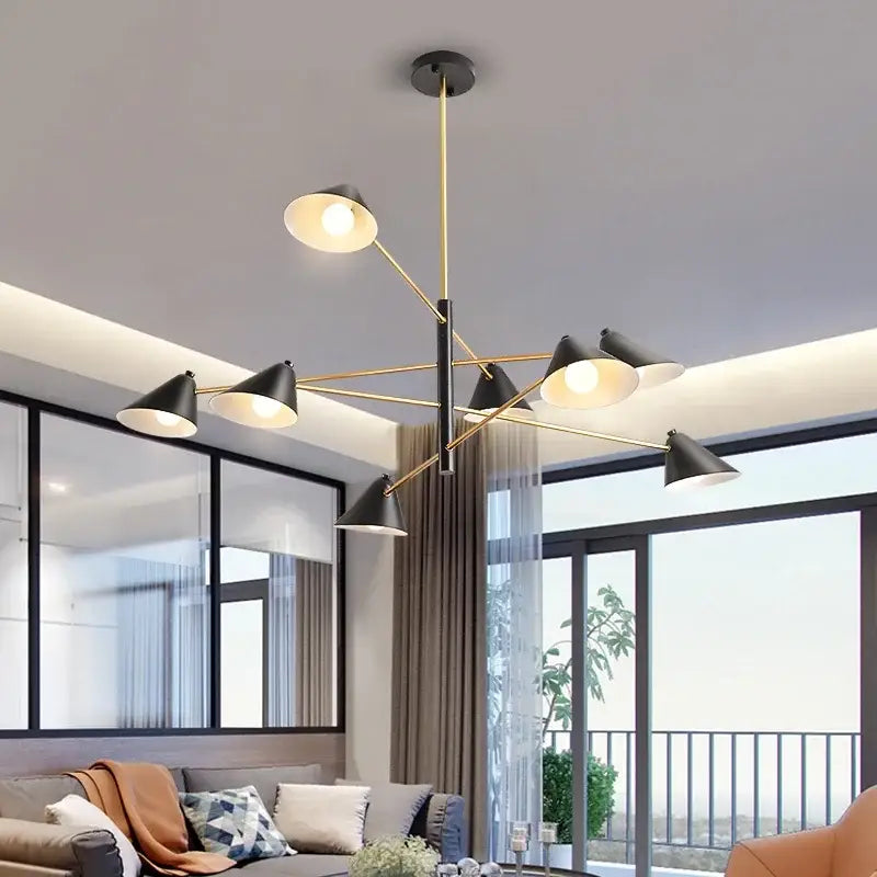 Modern black and gold cone shade chandelier dining room