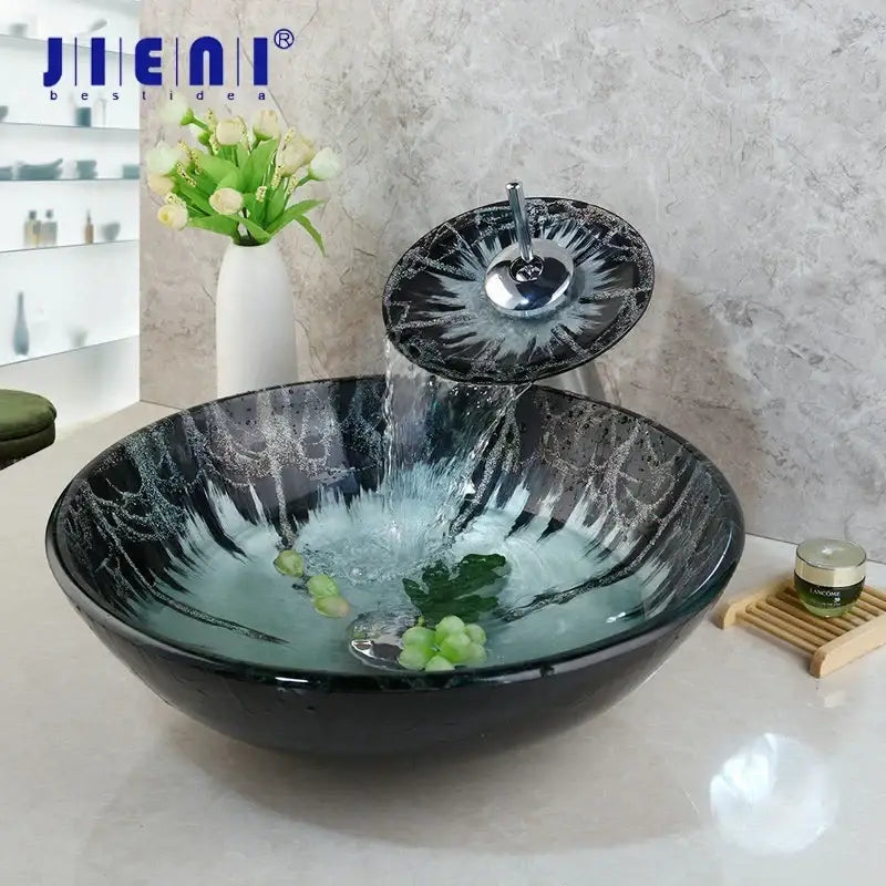 Modern black and white marble glass basin tap set bathroom sink