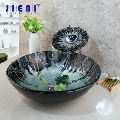 Modern black and white marble glass basin tap set bathroom sink