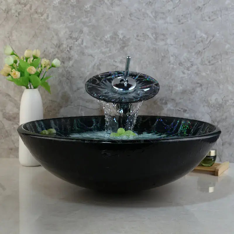 Modern black and white marble glass basin tap set bathroom sink