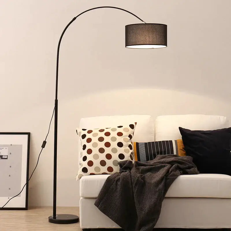 Modern black arched led floor lamp – living room fabric shade